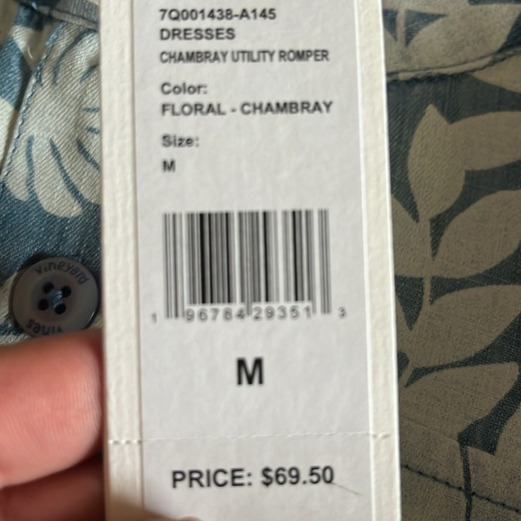 Vineyard Vines Chambray Utility Romper Girls M Blue White Floral Elastic Waist - Picture 6 of 6